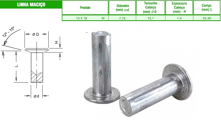 Pacote Rebite Lona Freio 13X16 Alumínio - Maciço (1000und) Pacote Rebite Lona Freio 13X16 Alumínio - Maciço (1000und)