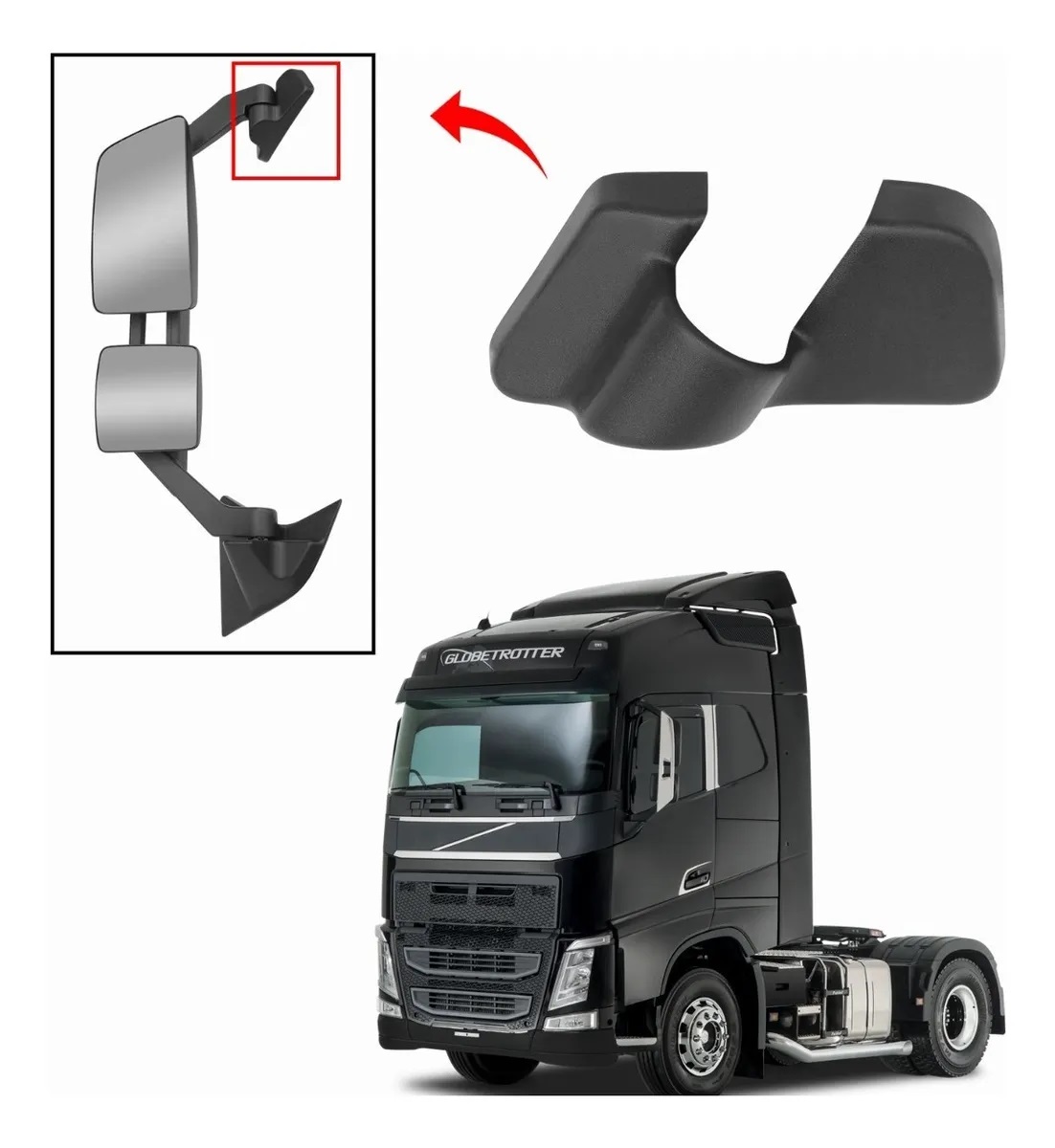 Acabamento Braço Retrovisor Caminhão Volvo FH 2015 a 2021 Superior Lado Direito