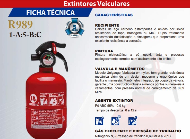 Extintor Incêndio 1Kg Pó ABC - Fiat, GM - 5 Anos de Garantia - Resil R989