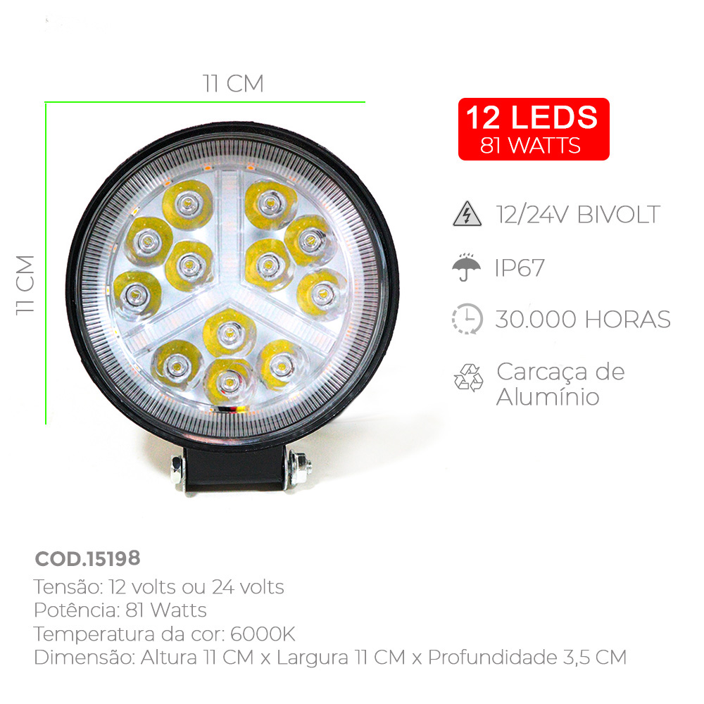 Farol Auxiliar Redondo LED Amarelo 12 Leds 81W 12v/24v