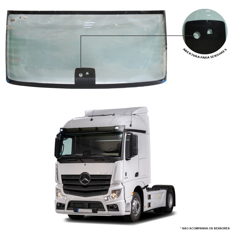 Parabrisa Caminhão Mercedes-Benz Actros após 2010 - Verde com Faixa Azul - Com Sensor de Chuva