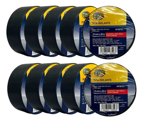 KIT com 10 unidades de fita isolante HELLA, com resistência anti-chamas, graxa, ácido e umidade. 20 Metros