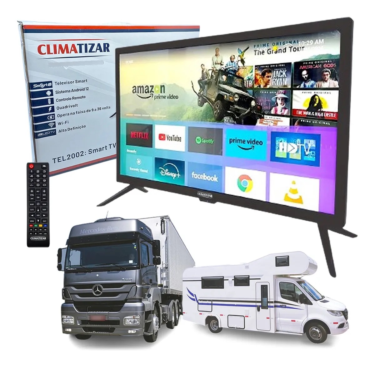 Smart TV para Caminhão 24” 12v 24v WiFi Android 12 Ônibus Motorhome - Climatizar