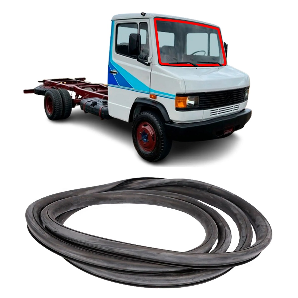 Borracha (Guarnição) Para-brisa Caminhão Mercedes-Benz 709, 710, 912, 914 e 1114 81/12, 1214, 1218, 1618, 1620 a 2423 1991 a 2011 (Cabines tipo HPN e FPN) e Atron 2012 a 2020